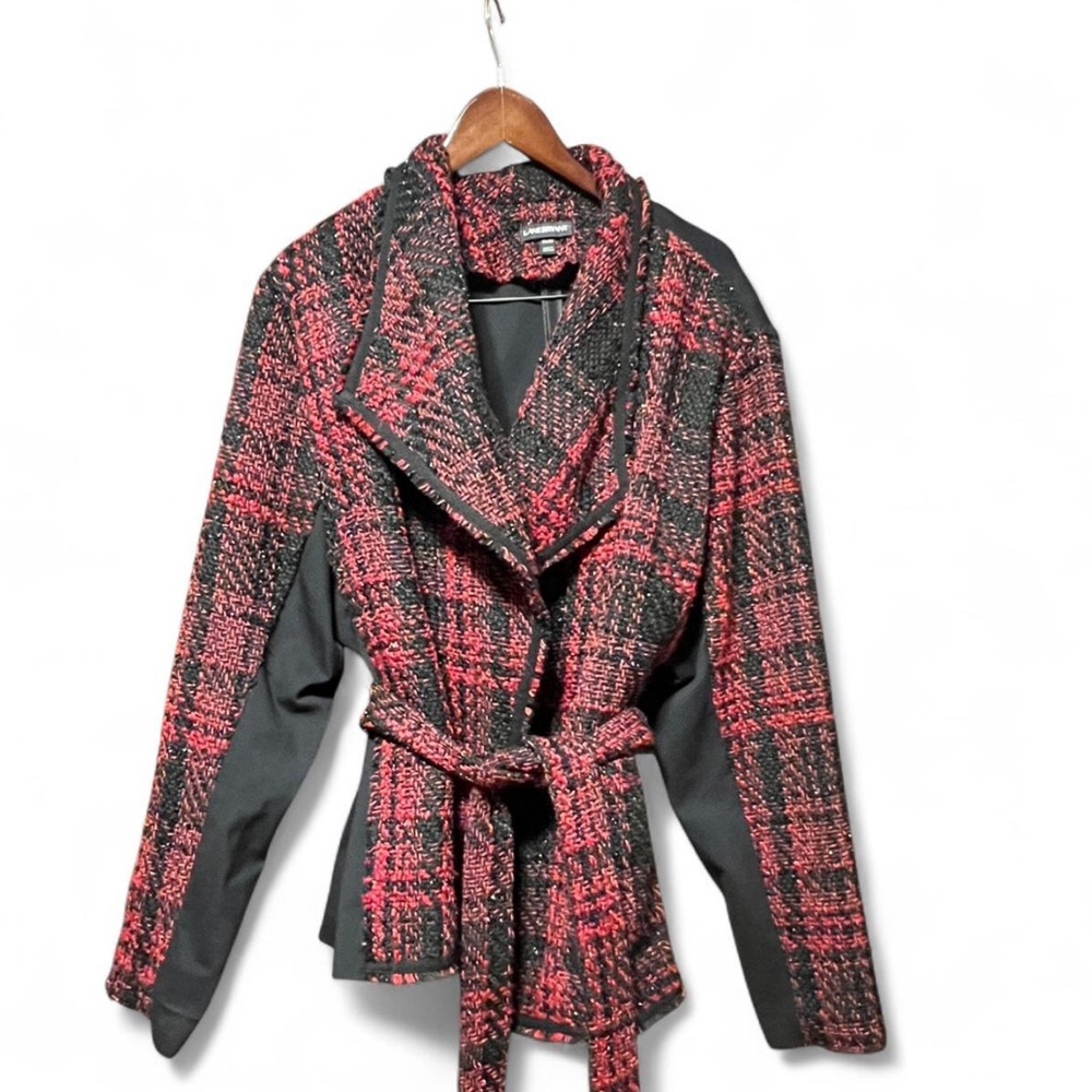 Lane Bryant Red and Black Tweed Plaid Wrap Jacket With Tie Belt Women Size 26/28